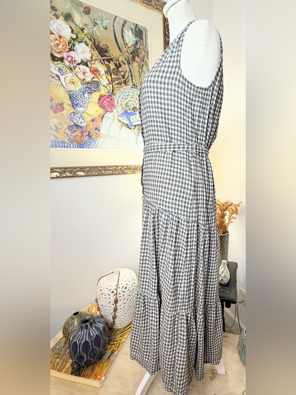 Max Studio Gingham Tiered Midi Dress XS Gray White Sleeveless Belted Cottagecore - Picture 5 of 10